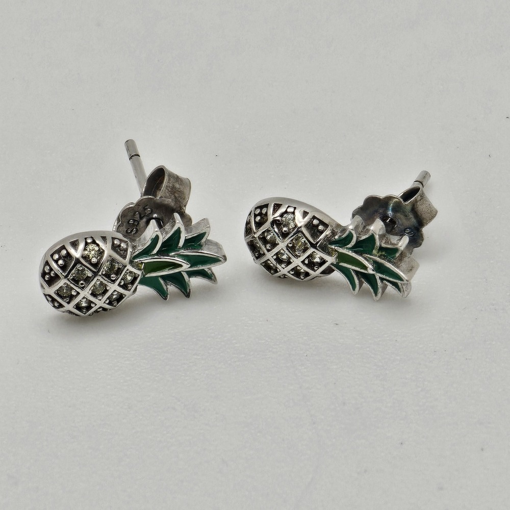 925 Sterling Silver Earrings Pineapple Green Enamel White Crystals